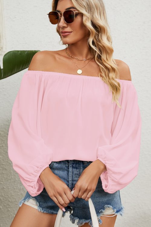 Women Solid Color Off Neck Chiffon Top