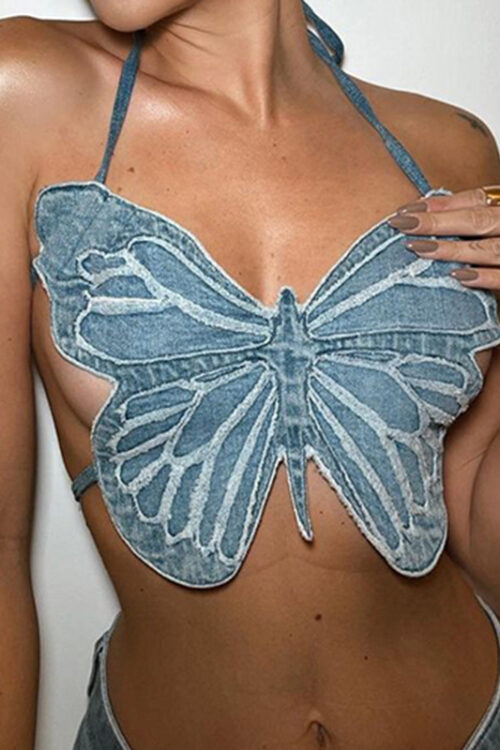Sexy Butterfly Design Denim Vest Backless Lace Up Top Women