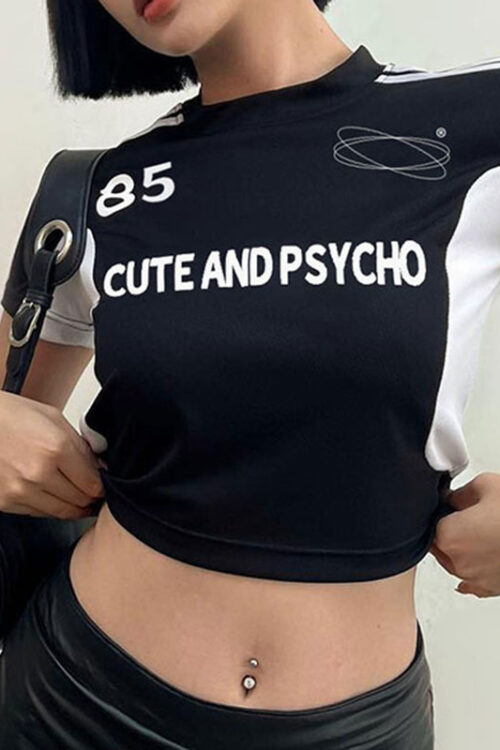 Early Summer Women Clothing Contrast Color Braid Small Loose Letter Graphic Printing Casual Crop Top Short Sleeve T shirt