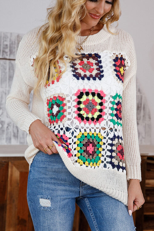Popular Urban Casual Loose Pullover Multicolor Long-Sleeved Sweater round Neck Crochet All-Matching Clothing