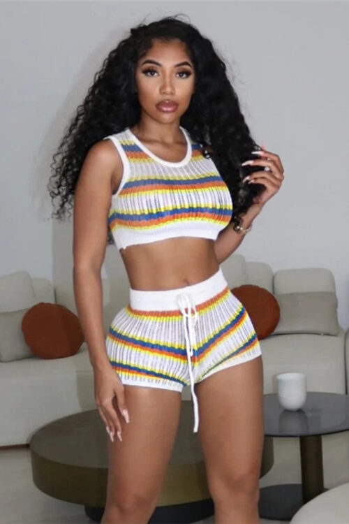 Summer Women Clothing Sexy Knitted Contrast Color Sleeveless Top High Waist Hip Shorts Casual Set