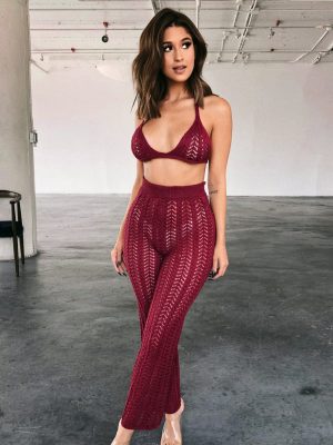 Summer Sexy Women Wear Fashionable Knitted Mesh Hollow Out Cutout Out See through Two piece Set