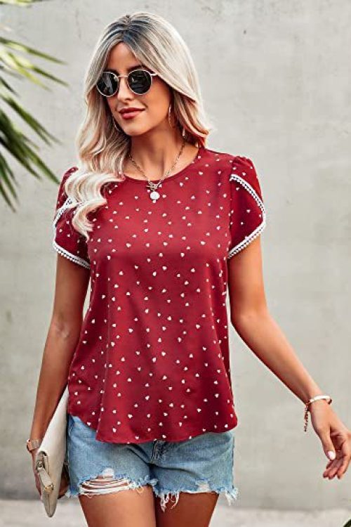 Women Clothing Print Lace Crochet Round Neck Shirt Short Sleeve Top