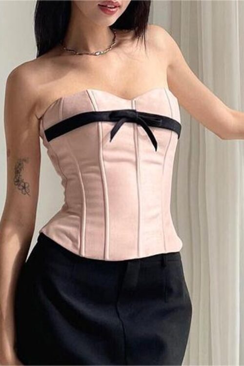 Summer Slim Fit Contrast Colors Bowknot Ribbon Satin Waist Tube Top for Women
