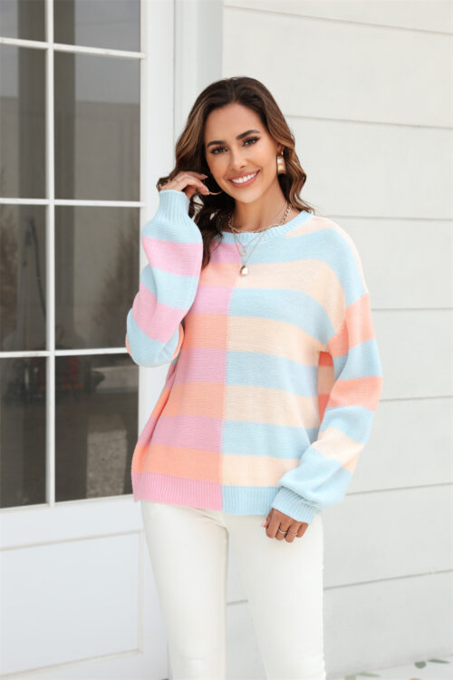 Fall Women Clothing Patchwork Stripes...