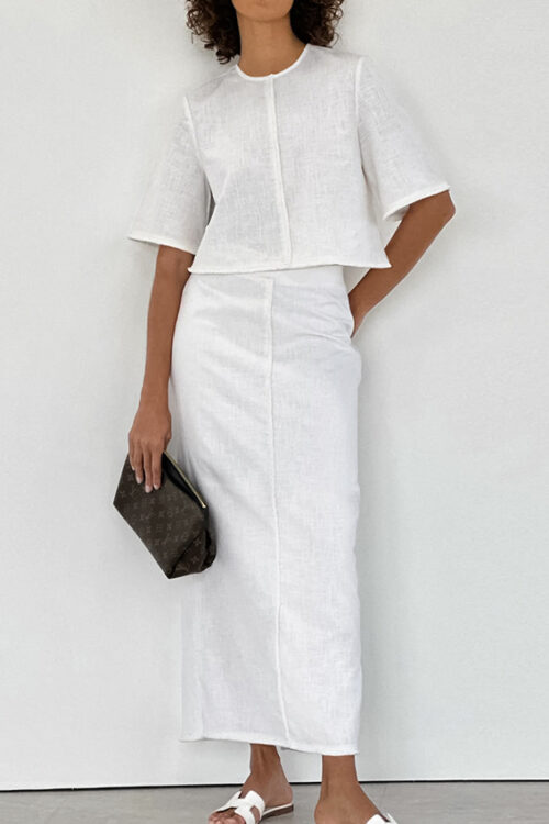 White Cotton Linen Design Tassel Short Sleeve Straight Skirt Set Summer Women Clothing