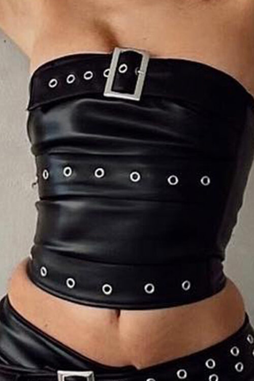 Street Punk Eyelet Faux Leather Stitching Japanese Buckle Tube Top Sexy off Neck Cool Top