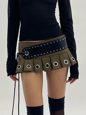 Sexy Mini Skirt Lace Up Leather Big Belt Street Punk Sexy Pleated Skirt