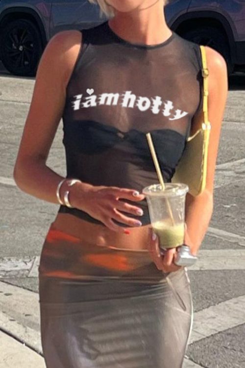 Street Casual Letter Graphic Printed Hollow Out Cutout out See through Light Mesh Top Sexy Slim Sleeveless Outerwear Vest