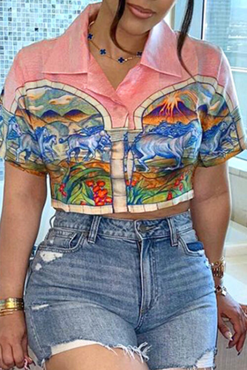 Stylish Beach Vacation Printed Color Contrast Short Cropped Collared Short Sleeve Printed Shirt Top