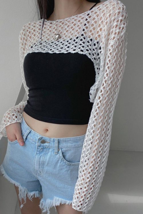 Niche Design Irregular Asymmetric Mesh Hollow Out Cutout out See through Short Blouse Girls Wear Slim Fit Top