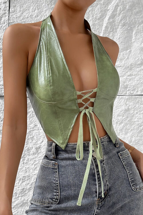 Sexy Sexy Low Cut Cardigan Solid Color Halter Lace up Faux Leather Vest Women
