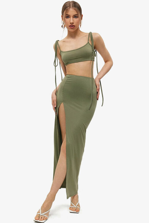 Women Clothing Summer Cropped Tied Spaghetti Strap Split Sheath Skirt Two Piece Set