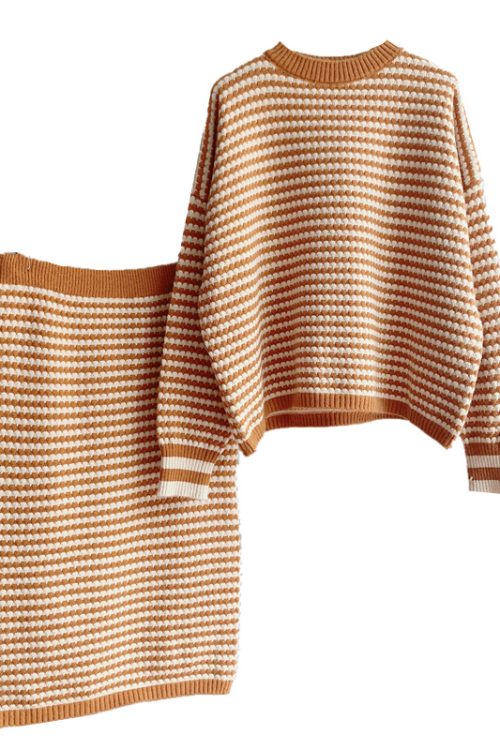 Artistic Retro Striped Knitted Skirt Women Korean Knitted Sheath Skirt Two Piece Set