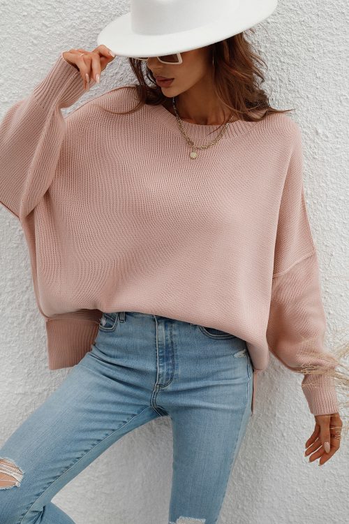 Autumn Winter Long Sleeve round Neck Knitted Loose Split Pullover