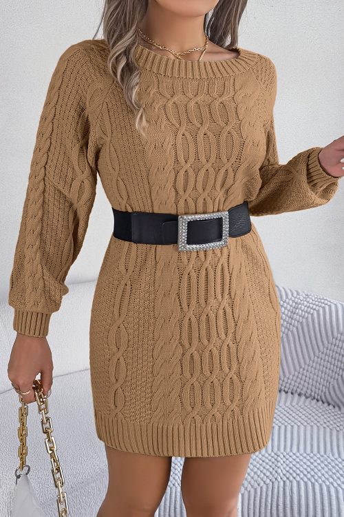 Autumn Winter Solid Color Twist Lantern Sleeve Straight Woolen Dress