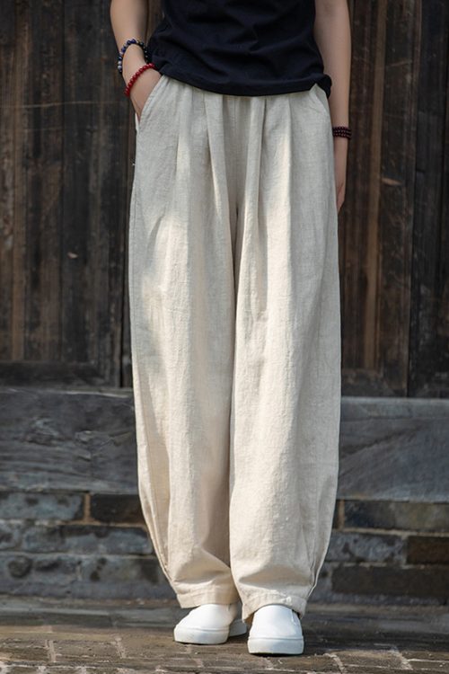 Cotton Linen Artistic Stone Washed Loose Cotton Linen Slimming Trousers