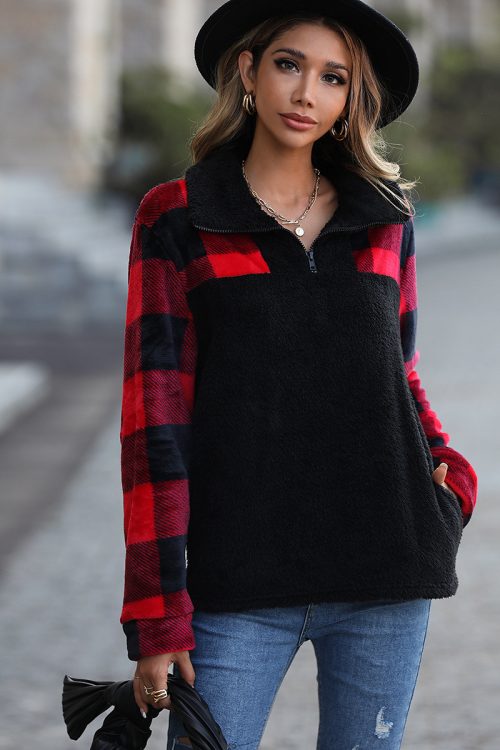 Half Long Sleeve Zipper Stand Collar Stitching Double Sided Flannel Plaid Pullover