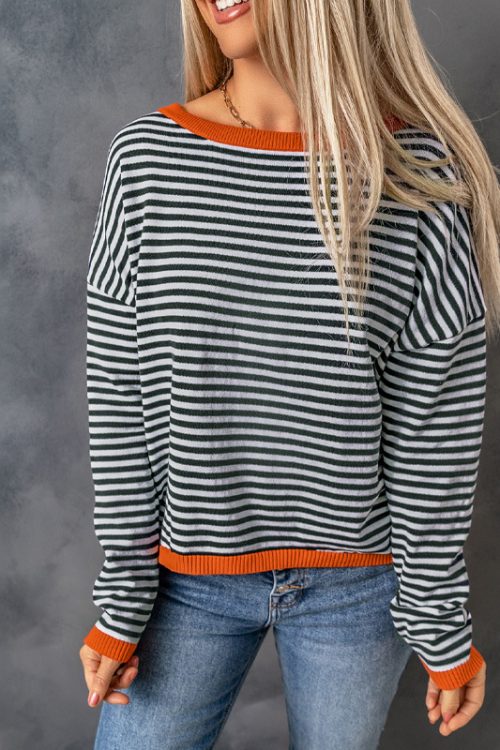 Contrast Color Trim Striped off Shoulder Sweater