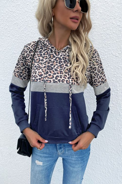 Autumn Women With Pocket Hoodie With Drawstrings Stitching Leopard Print Sweater