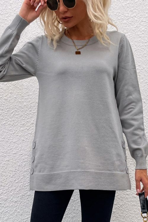 Autumn Winter Sweaters Women round Neck Button Solid Color Split Sweater