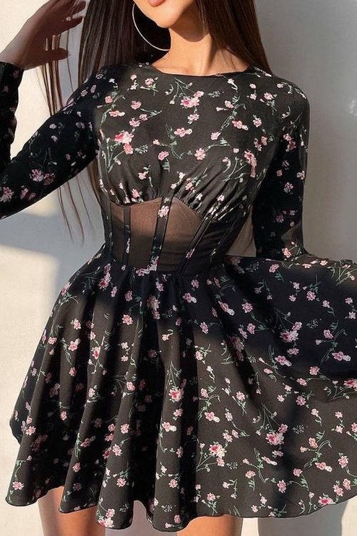 Floral Dress Round Neck Long Sleeve Mesh Hollow Out