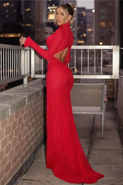 Elegant Red Cut Out Maxi Dress for Women
