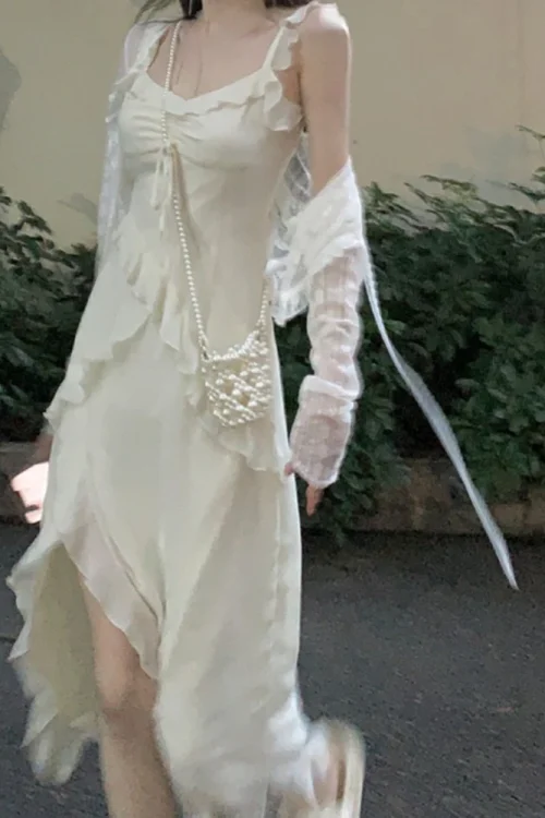 Fairy 2 Piece Dress Cardigan Set Woman Casual Long Sleeve Crop Tops