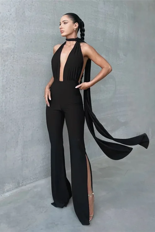 Deep V Wrap Around Halter Sexy Backless Flare Jumpsuits