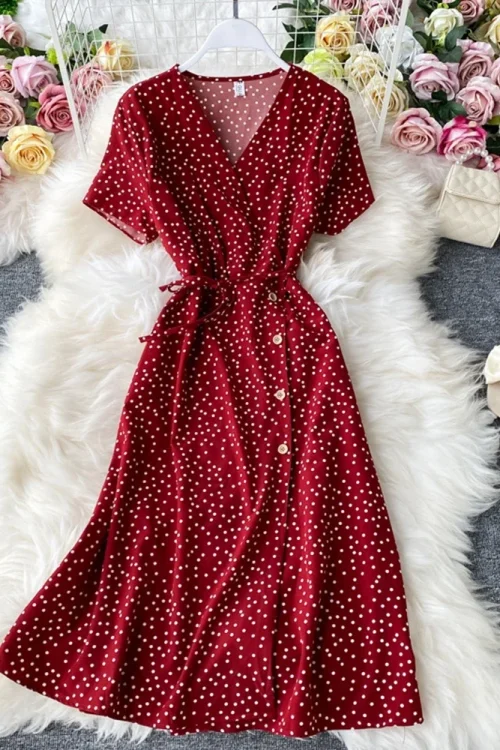 Vivid Dot: Elegant Red Polka Dot Midi Dress with Waist Split