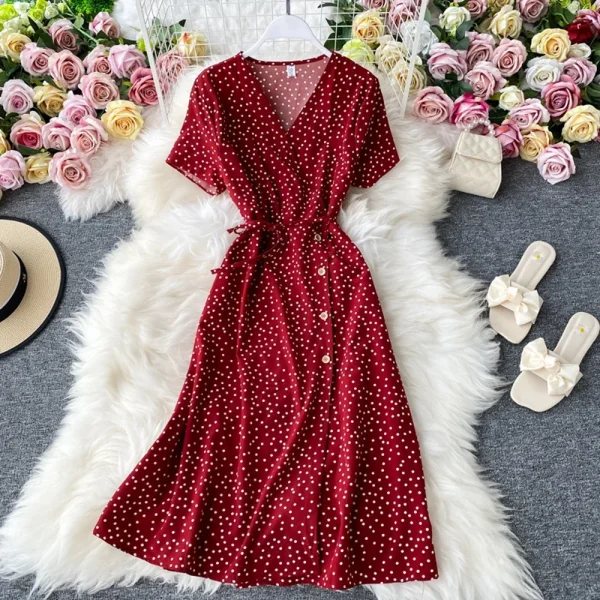 Vivid Dot: Elegant Red Polka Dot Midi Dress with Waist Split – GonChas