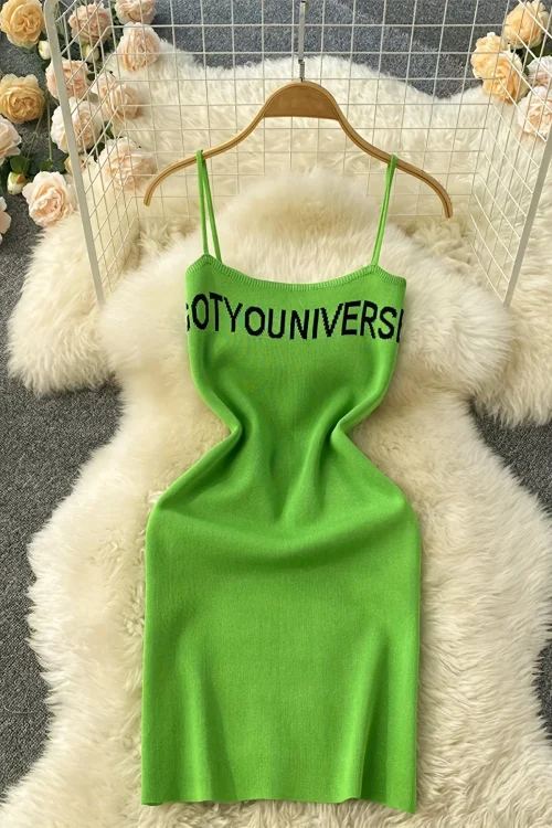 2024 Green Summer Letter Print Cami Dress: Casual Sleeveless Bodycon