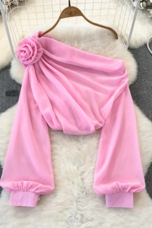 2024 Off-Shoulder Pink Blouse: Sheer Elegance with France-Inspired 3D Floral Lantern Sleeves