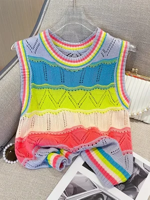 2024 Rainbow Striped Knit Crop Top wi...