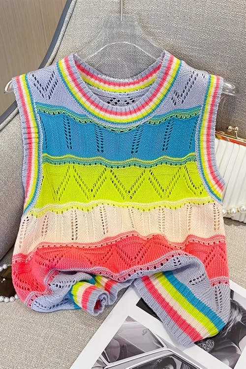 2024 Rainbow Striped Knit Crop Top with Hollow Out Design