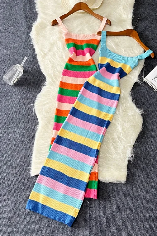 Chic Rainbow Knitted Bodycon Maxi Dress: Y2K Summer Style