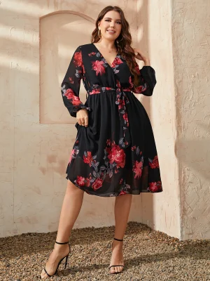 Chic Floral Print Plus Size Belted Mi...