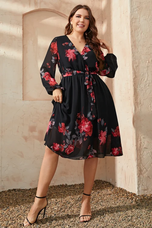 Chic Floral Print Plus Size Belted Mi...
