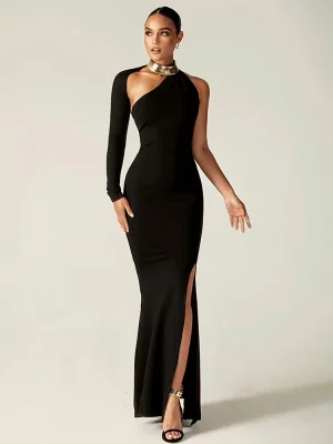 One-Shoulder Split Maxi Dress: Crypto...