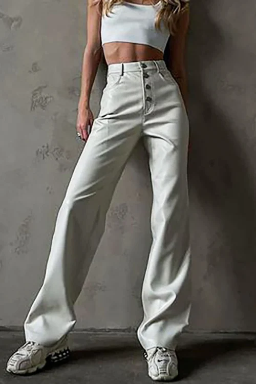 Fashion White PU Leather High-Rise Pants – Streetwear Straight Leg Trousers