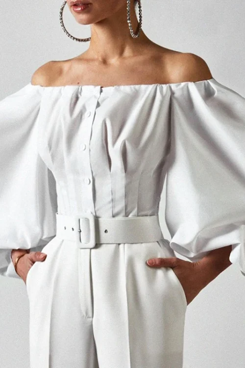 Cryptographic Off-Shoulder Lantern Sleeve Top – Sexy Backless Button-Up Crop Blouse