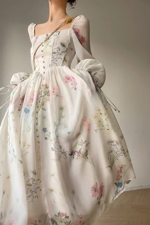 Women French Elegant Floral Midi Dress