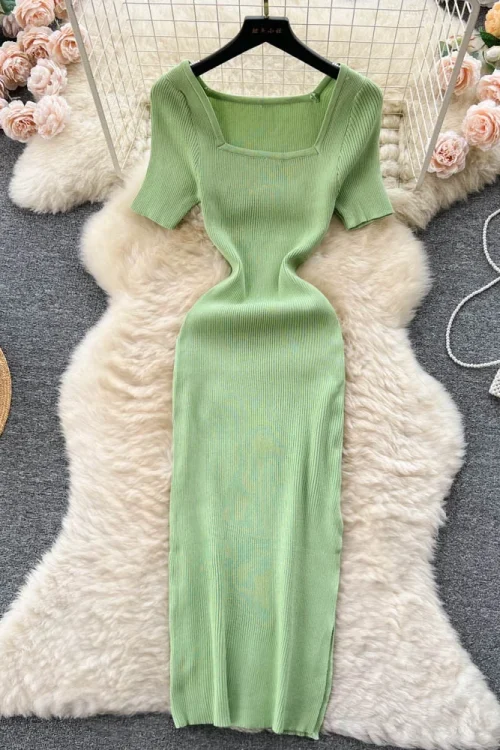 Green Glam: Sexy Square Collar Knit S...