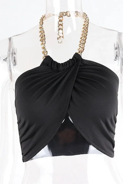 Chic Halter Chain Crop Top – Backless, Black Wrap, Summer 2022 Fashion