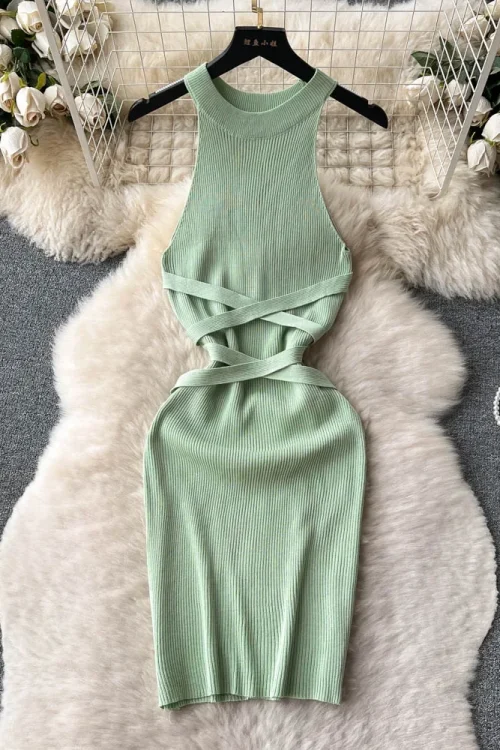 2024 Summer Sexy Halter Bodycon Dress: Ins Fashion Solid Knit