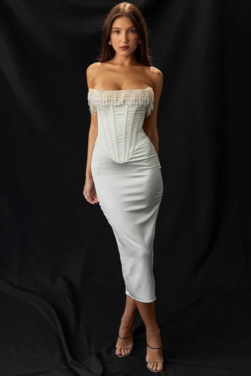 Pearl Tassel Off-Shoulder Midi Dress ...