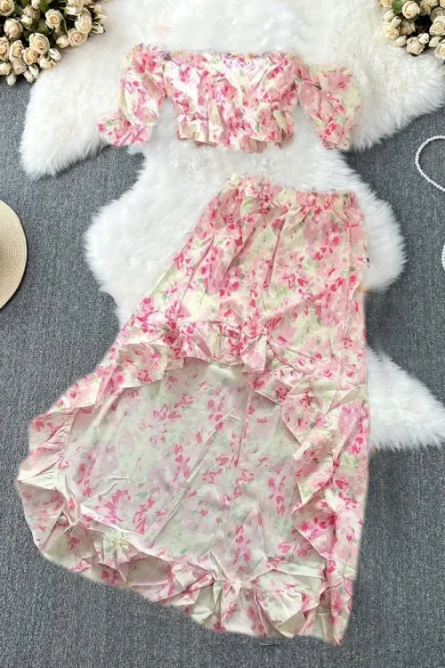 2024 New Elegant Floral Skirt Set: Slash Neck Crop Top & Irregular Midi Skirt