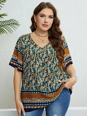 Boho Paisley Print Plus Size V-Neck B...