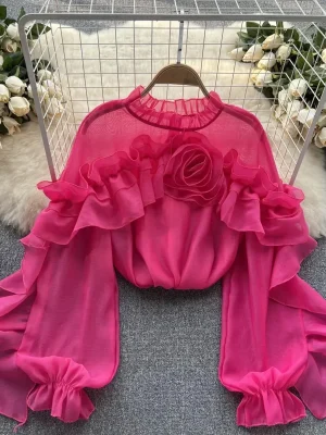 Ruffle Radiance: Lantern Sleeve Chiff...