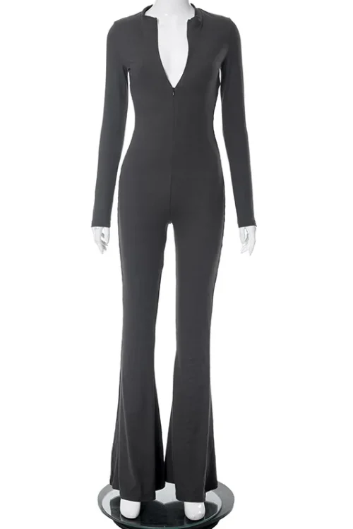 Cryptographic Autumn Zip-Up Bodycon Jumpsuit – Casual Fashion Romper